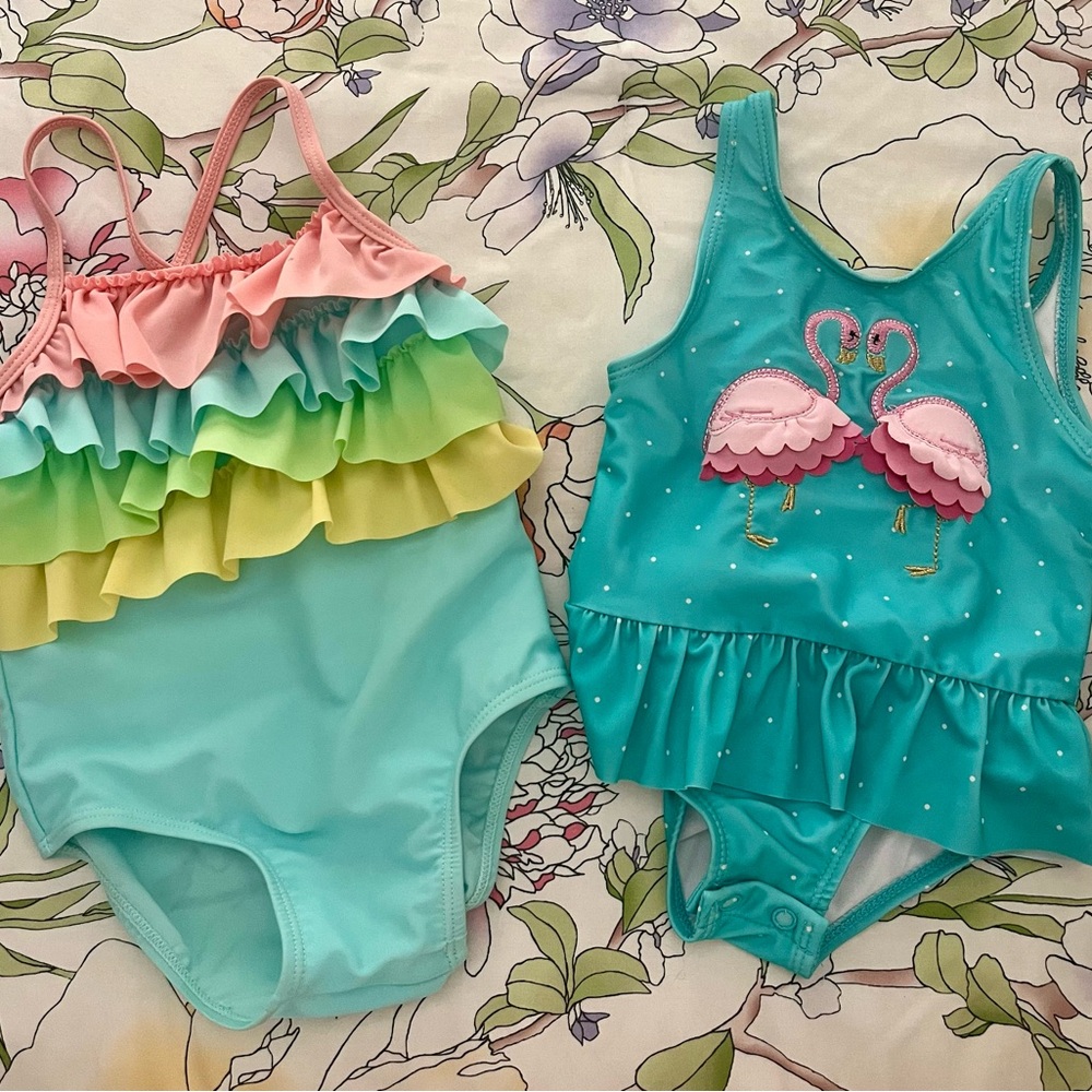 crown & ivy Kids Ruffled Flamingo Swimsuit Set - Pink, Green, Yellow, Blue